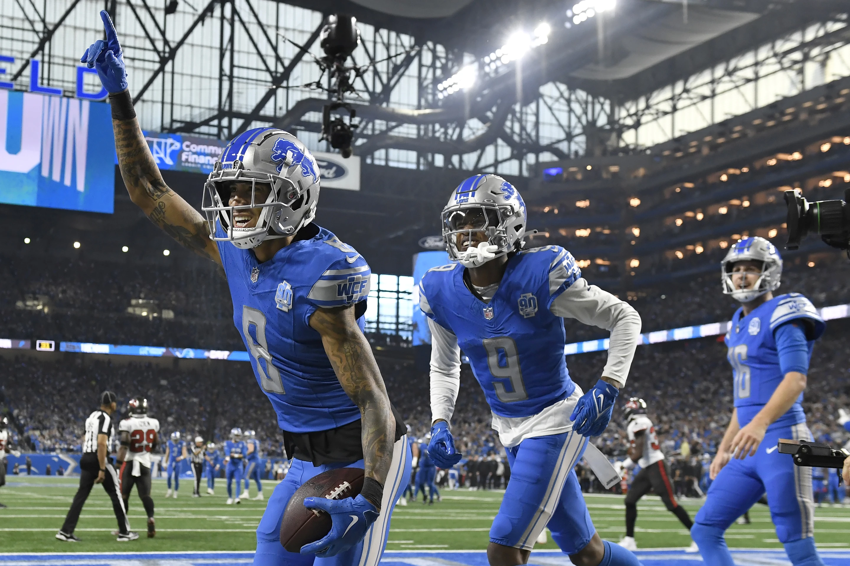 Players of the Detroit Lions celebrate after scoring a touchdown in the National Football League National Football Conference Divisional Game against the Tampa Bay Buccaneers at Ford Field in Detroit, Michigan, January 21, 2024. /AP