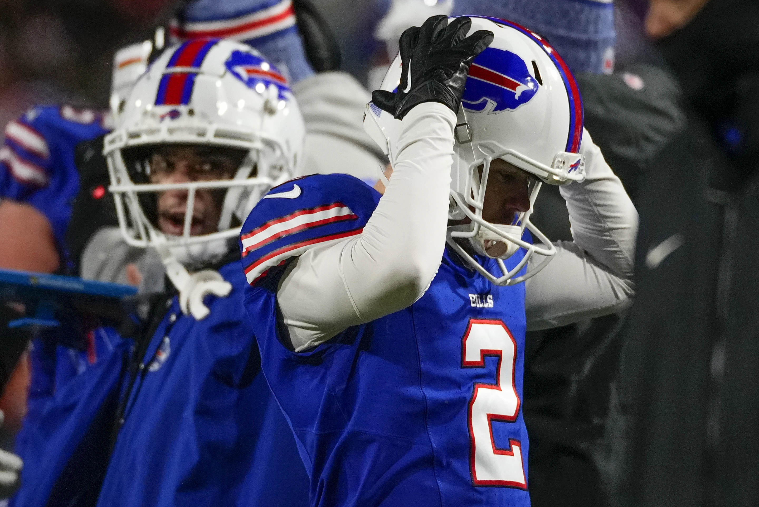 Kicker Tyler Bass of the Buffalo Bills reacts after missing a field goal in the National Football League American Football Conference Divisional Game against the Kansas City Chiefs at Highmark Stadium in Orchard Park, New York, January 21, 2024. /AP