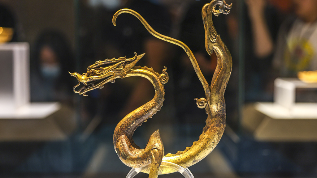 Gilded brass loong with Iron core, June 26, 2021, Shaanxi History Museum in Xi'an, Shaanxi Province, China. /CFP