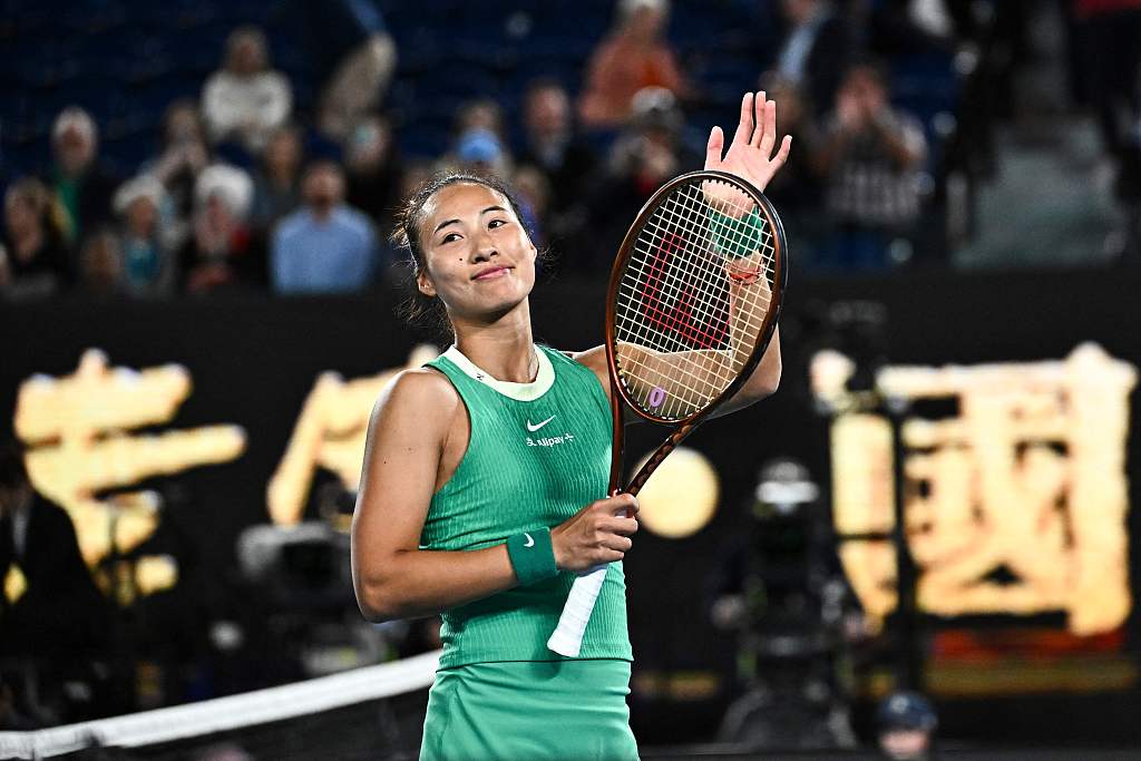 Zheng Qinwen of China celebrates after defeating Oceane Dodin of France 2-0 (6-0 and 6-3) in the women's singles Round of 16 match at the Australian Open in Melbourne, Australia, January 22, 2024. /CFP