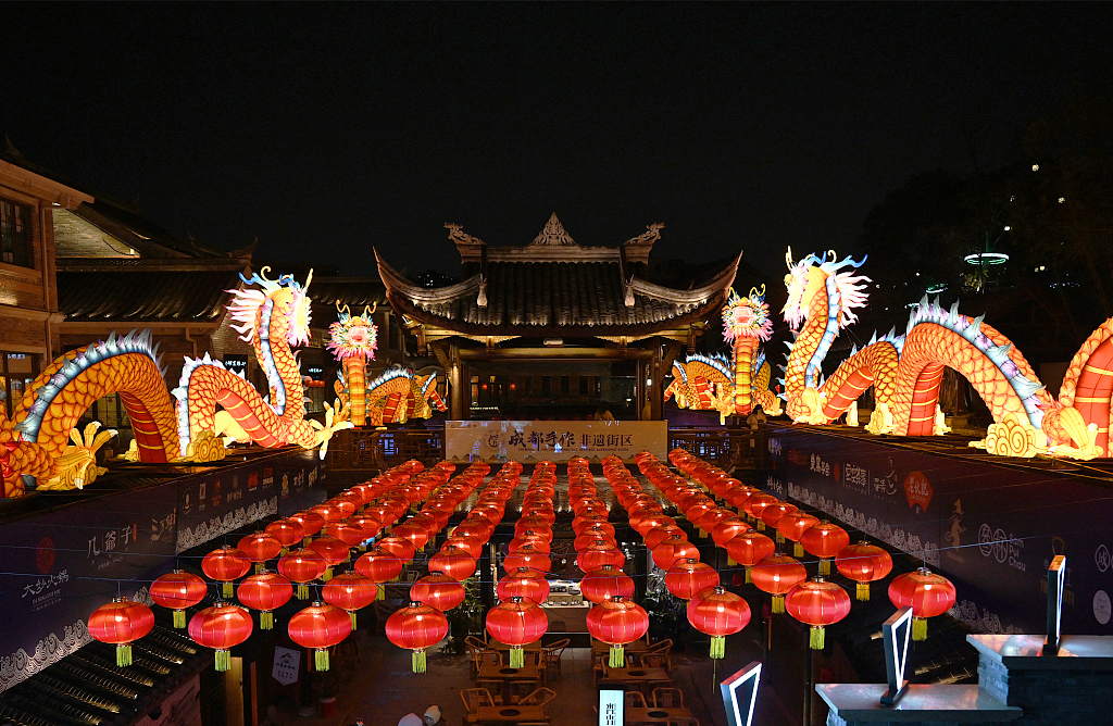 A set of lanterns featuring four giant dragons illuminates the East Gate Marketplace in Chengdu, Sichuan Province, January 22, 2024. /CFP