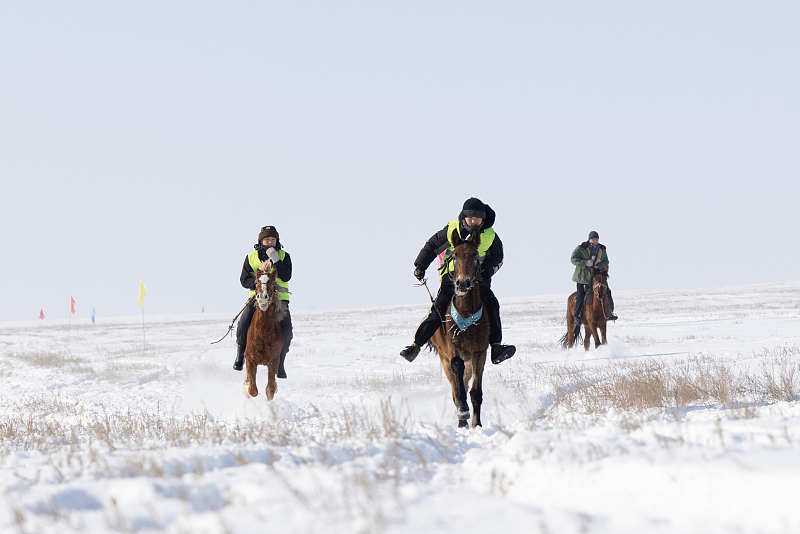 Herdsmen compete in a horse race during a tourist festival in Tacheng Prefecture, Xinjiang, January 21, 2024. /CFP