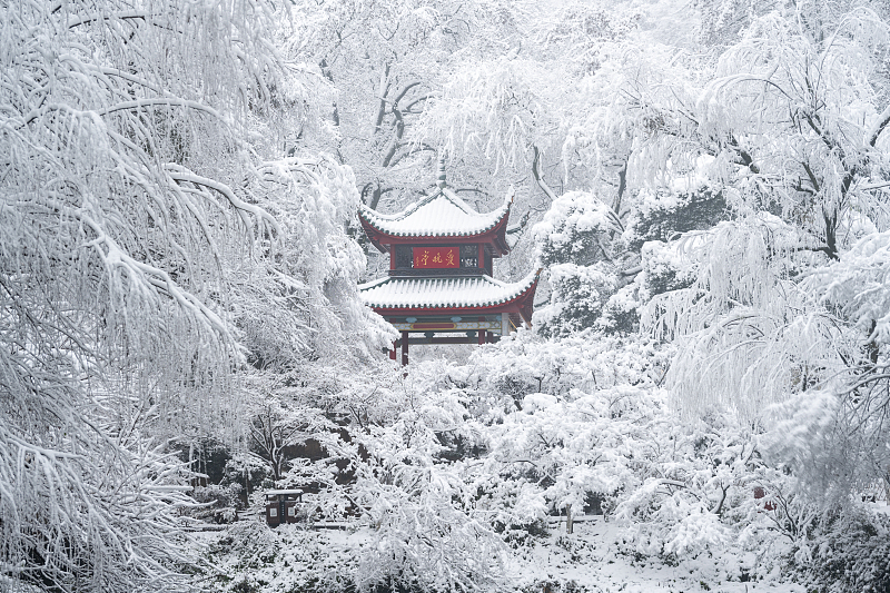 The snow-covered Aiwan Pavilion provides the perfect backdrop to the beautiful winter scenery in Changsha City, Hunan Province, January 22, 2024. /CFP