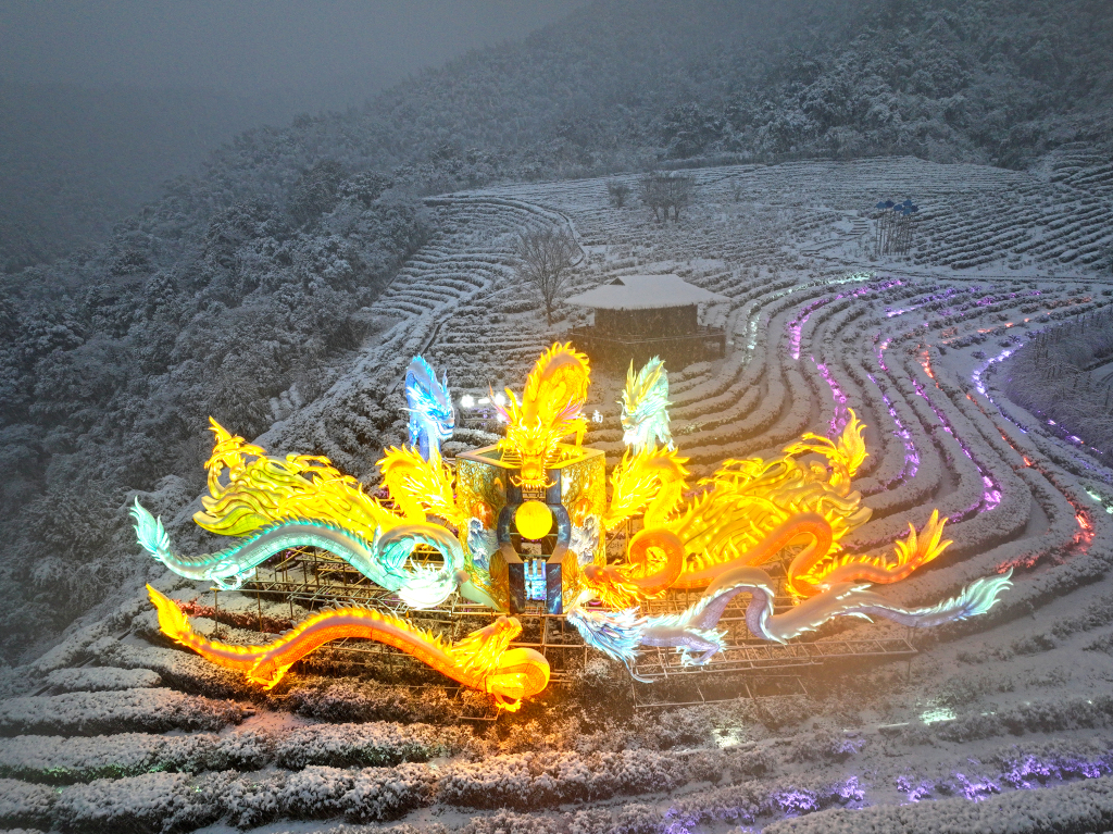 A large, Chinese dragon-themed light installation sits in a snow-covered field in Gexian Village in Shangrao, Jiangxi Province on January 22, 2024. /CFP