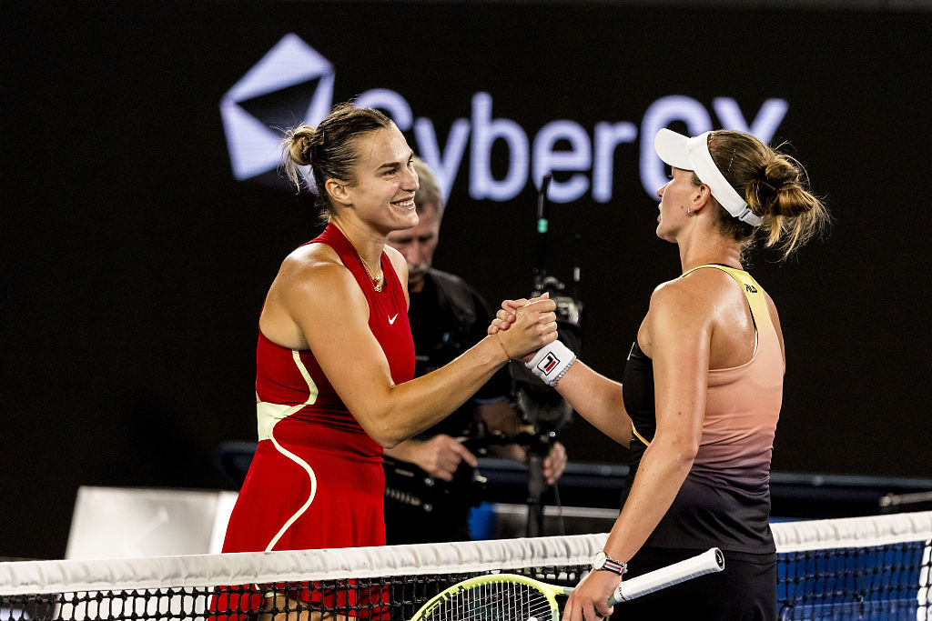 Aryna Sabalenka (L) shakes hands with Barbora Krejcikova after their Australian Open women's singles quarterfinal clash in Melbourne, Australia, January 23, 2024. /CFP
