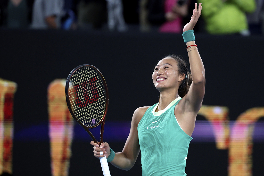 Zheng Qinwen of China celebrates after defeating Dayana Yastremska of Ukraine (not pictured) in the singles semifinal at Australian Open in Melbourne, Australia, January 25, 2024. /CFP