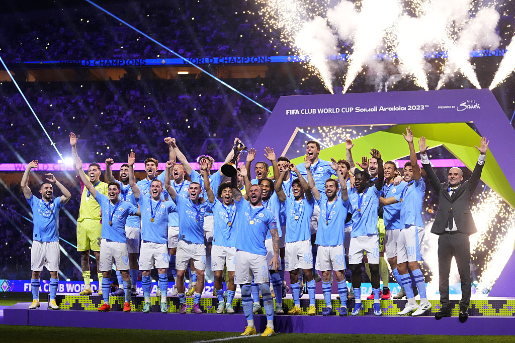 Players of Manchester City celebrate after winning the FIFA Club World Cup title with a 4-0 win over Fluminense FC in Jeddah, Saudi Arabia, December 22, 2023. /CFP
