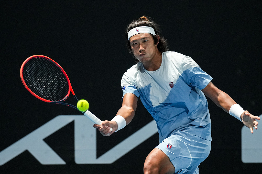 Zhang Zhizhen of China in action during his singles match with Ugo Humbert of France at Australian Open in Melbourne, Australia, January 18, 2024. /CFP