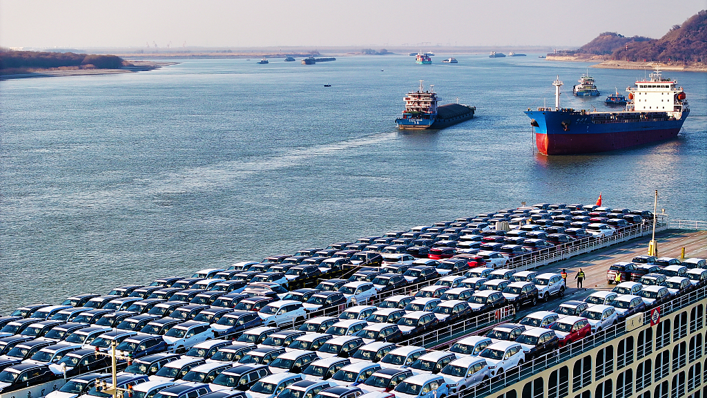 Cars loaded onto a cargo ship bound for overseas, Anhui, China, January 24, 2024. /CFP