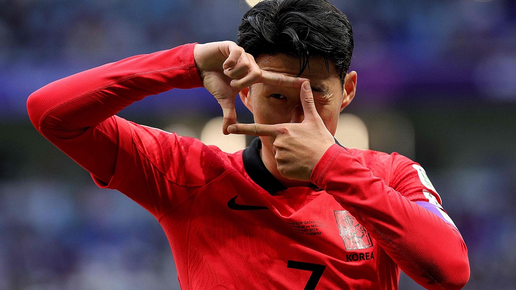 South Korea's Son Heung-min celebrates after scoring his team's third goal during their clash with Malaysia at Al-Janoub Stadium in al-Wakrah, south of Doha, Qatar, January 25, 2024. /CFP