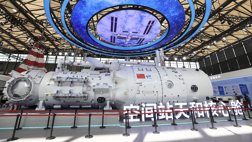 A life-size model of China's space station core module is on display at an exhibition of China Manned Space Program held in Shanghai, January 1, 2024. /CFP