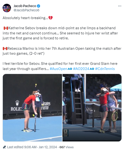 Canadian tennis journalist Jacob Pacheco's tweet on January 12 about the match between Katherine Sebov and Rebecca Marino. /@JacobPacheco6
