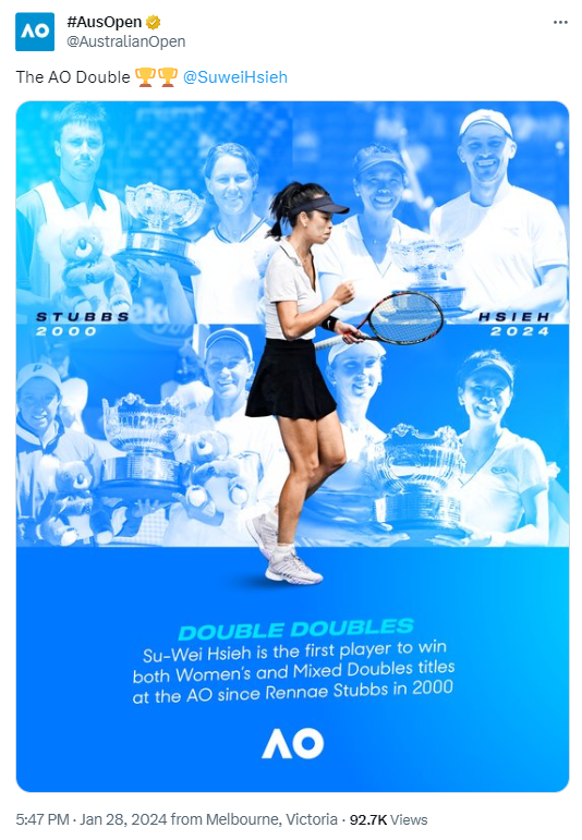 Australian Open's tweet on January 28 about Hsieh Su-wei. /@Australian Open. 