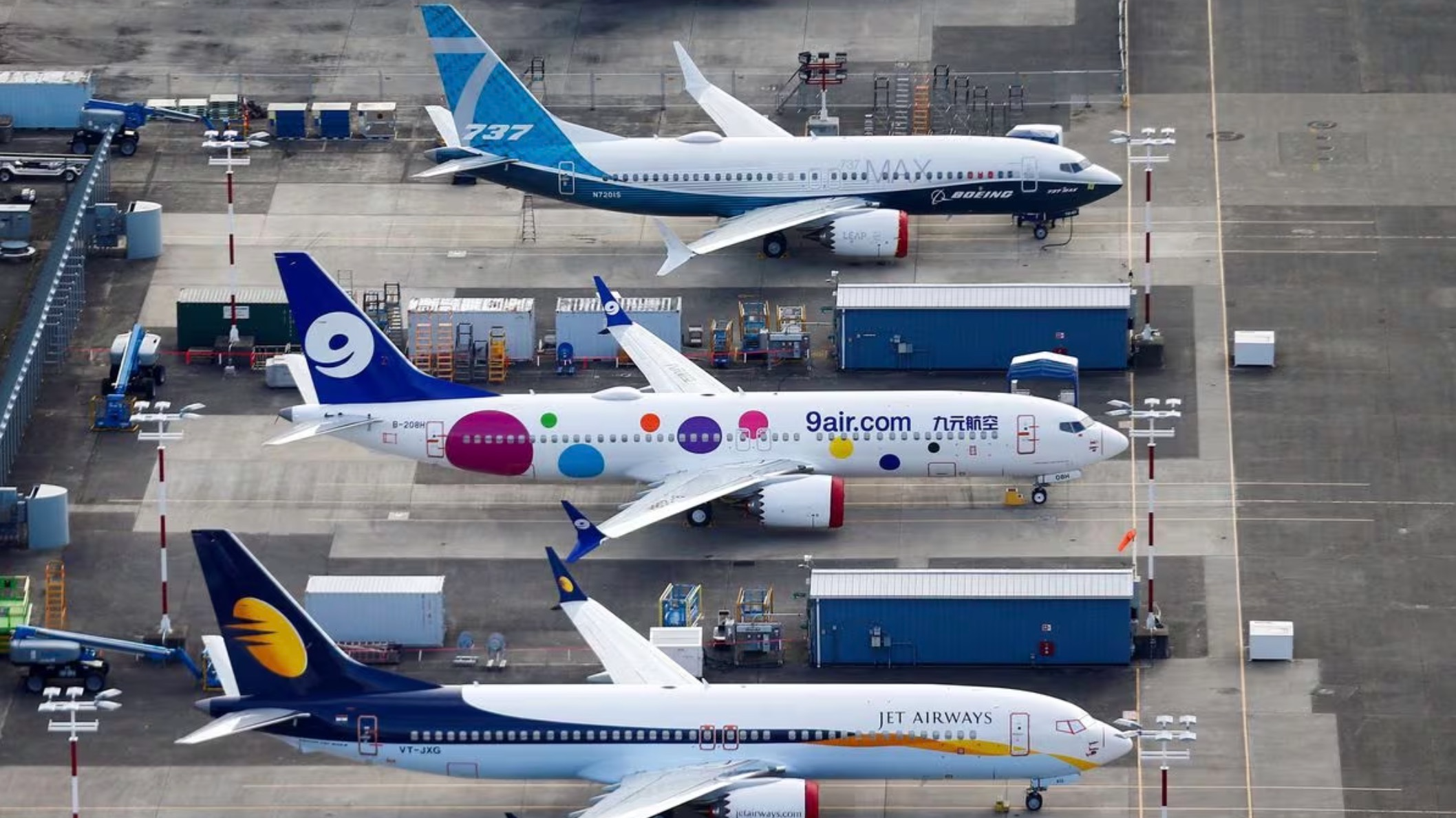 An aerial photo shows Jet Airways and 9 Air Boeing 737 MAX airplanes, as well as a 737 MAX 7, grounded at Boeing Field in Seattle, Washington, U.S. /Reuters