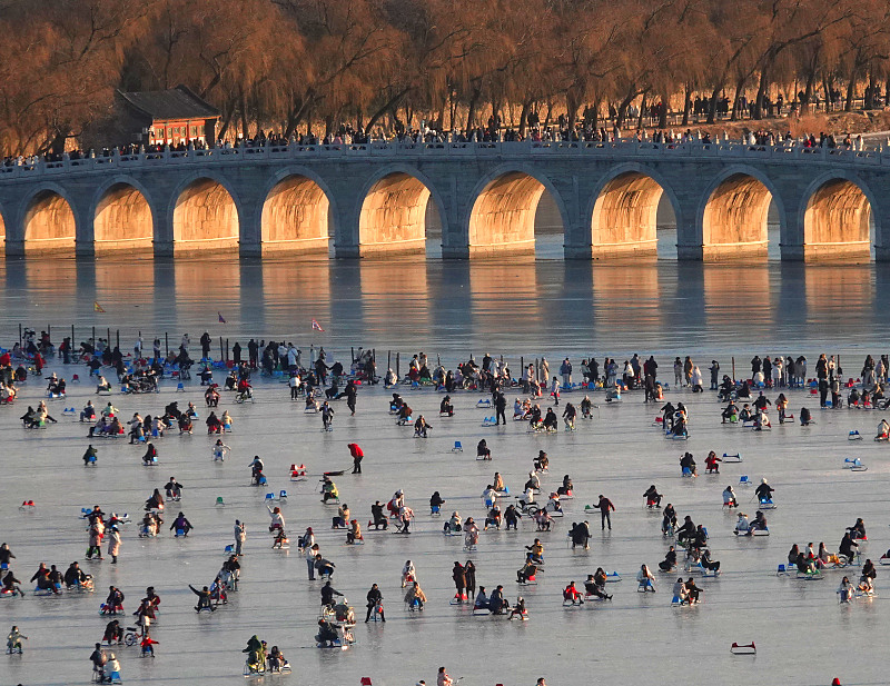 Visitors enjoy ice skating at the outdoor ice rink at the Summer Palace in Beijing, January 27, 2024. /CFP