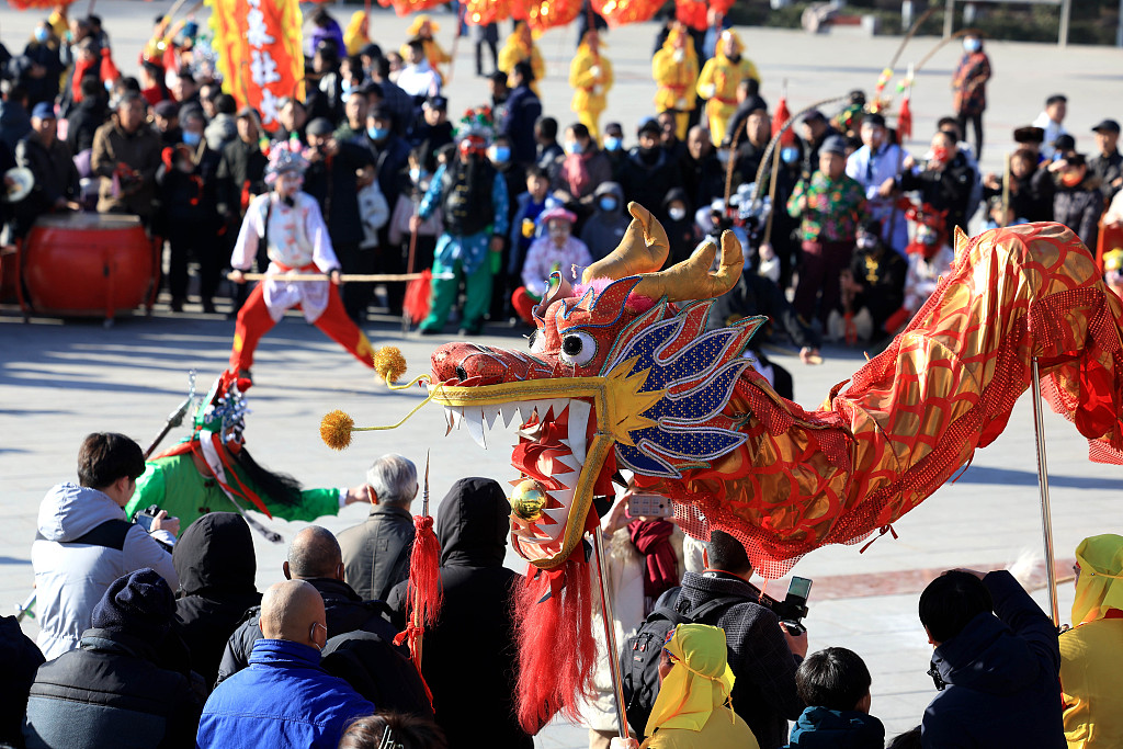 Folk artists stage a Shehuo performance for the upcoming Chinese New Year in Shijiazhuang, Hebei Province, January 28, 2024. /CFP