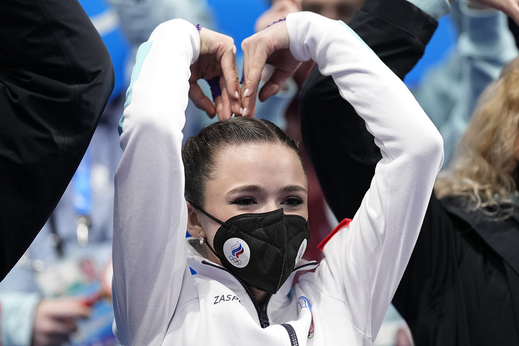Kamila Valieva reacts following her performance in the women's short program team figure skating competition on day two of the Beijing Winter Olympic Games at Capital Indoor Stadium in Beijing, China, February 6, 2022. /CFP