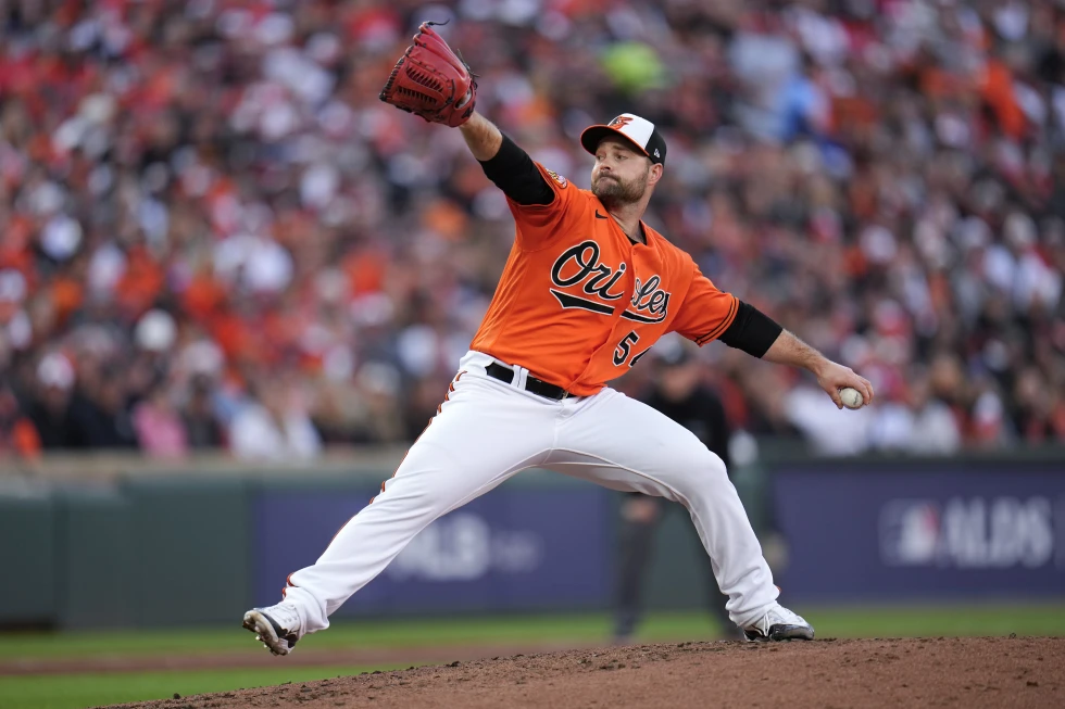 Pitcher Danny Coulombe throws during the second inning in Game 2 of the American League Division Series against the Texas Rangers at Oriole Park at Camden Yards in Baltimore, Maryland, October 8, 2023. /AP