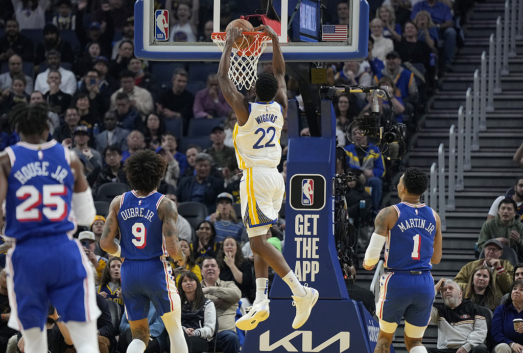 Andrew Wiggins (#22) of the Golden State Warriors dunks in the game against the Philadelphia 76ers at the Chase Center in San Francisco, California, U.S., January 30, 2024. /CFP