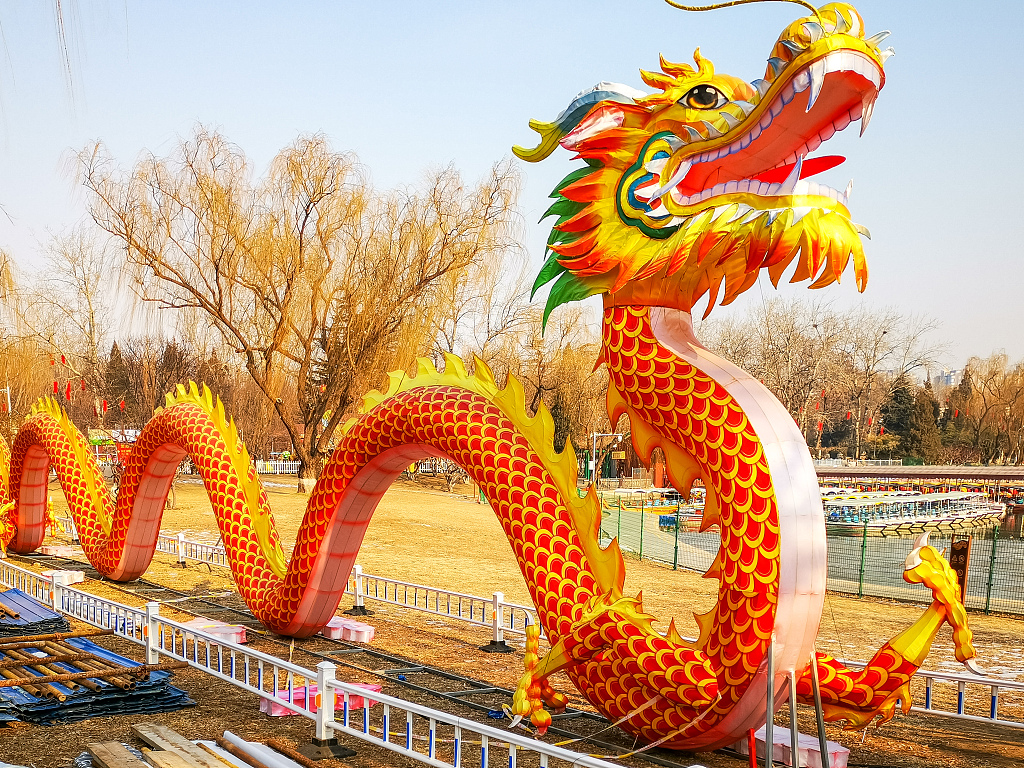 A huge lantern featuring a Chinese dragon is seen at Longtan Park in Beijing on January 29, 2024. Preparations for the upcoming traditional temple fair are underway at the park. /CFP