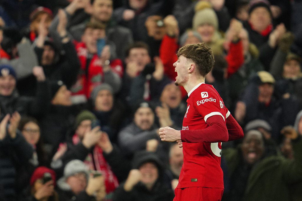 Liverpool's Conor Bradley reacts after scoring his side's second goal during their Premier League clash with Chelsea at Anfield in Liverpool, England, January 31, 2024. /CFP