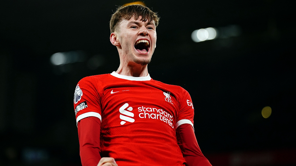 Liverpool's Conor Bradley celebrates during their Premier League clash with Chelsea at Anfield in Liverpool, England, January 31, 2024. /CFP