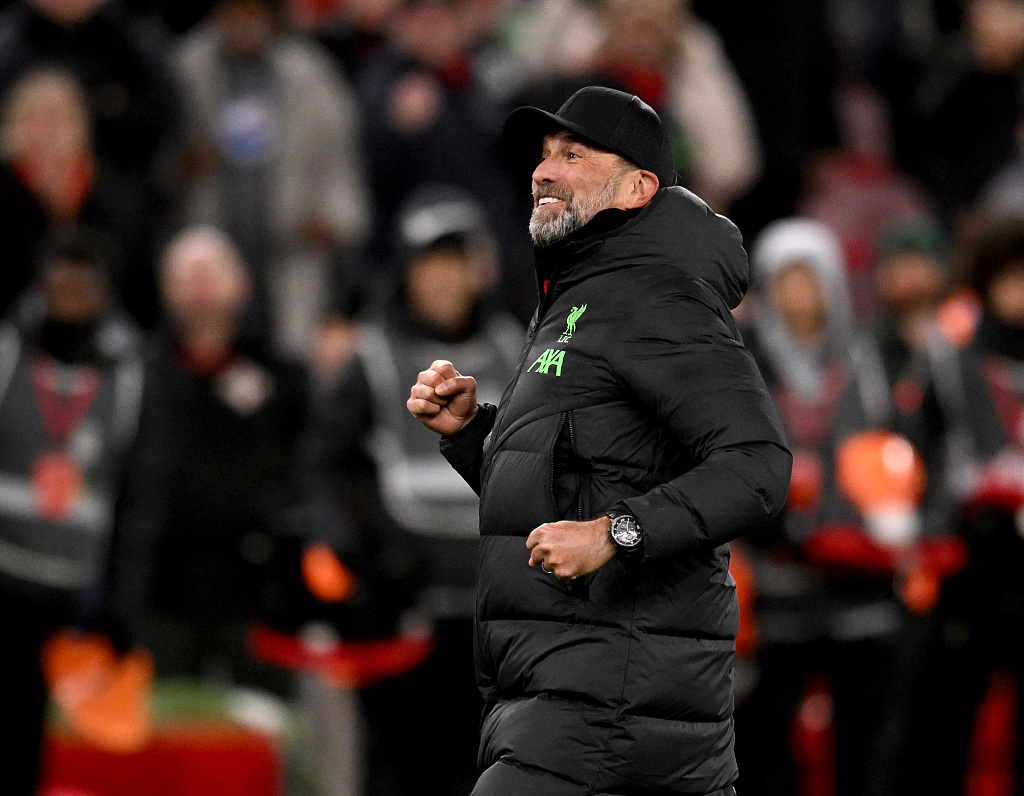 Jurgen Klopp celebrates the win at the end of the Premier League match between Liverpool and Chelsea at Anfield in Liverpool, England, January 31, 2024. /CFP