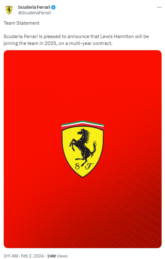 Scuderia Ferrari's tweet on February 2 about Lewis Hamilton. /@ ScuderiaFerrari