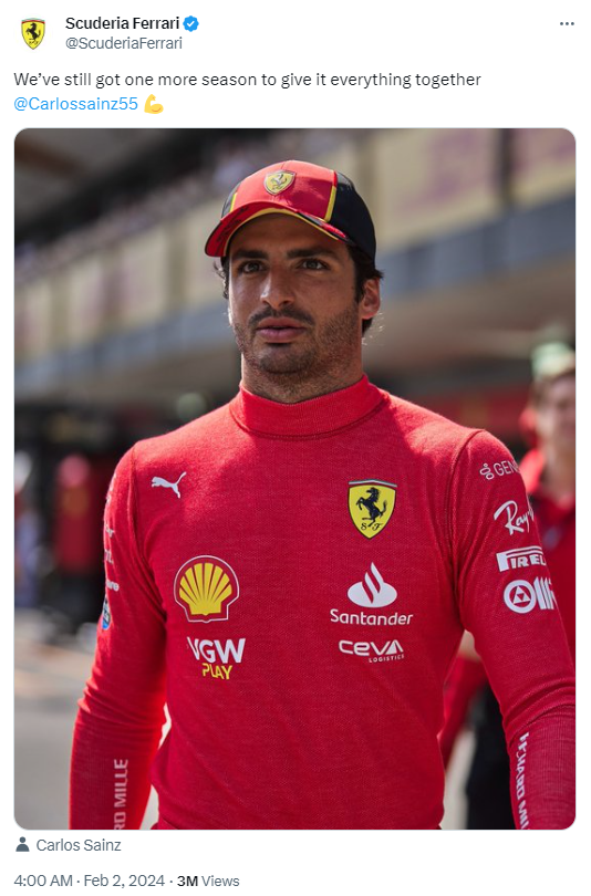 Scuderia Ferrari's tweet on February 2 about Carlos Sainz Jr. /@ ScuderiaFerrari