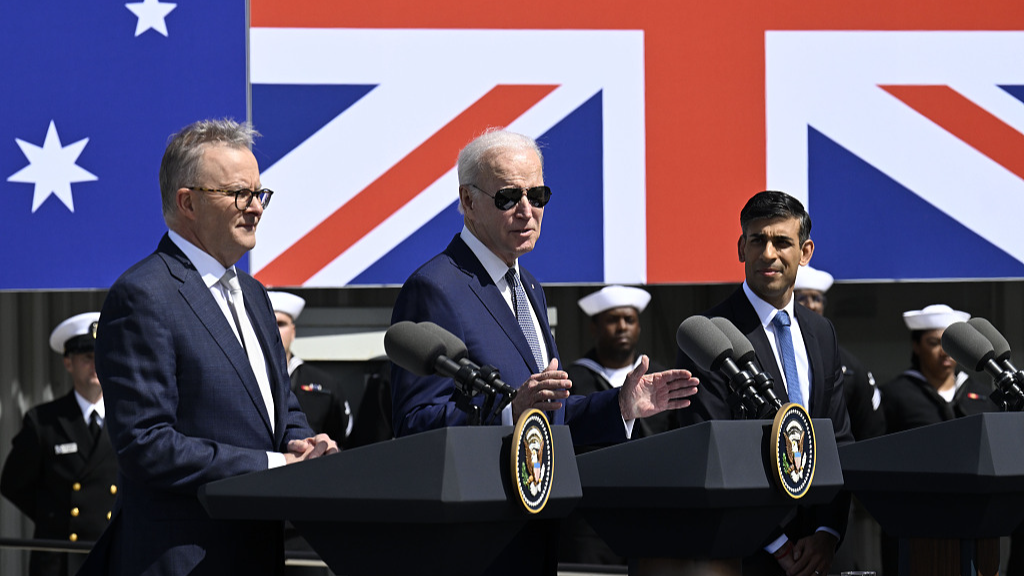 Australian Prime Minister Anthony Albanese, U.S. President Joe Biden, and British Prime Minister Rishi Sunak unveil AUKUS, a trilateral security pact between the three countries at Naval Base Point Loma in San Diego, March 13, 2023. /CFP