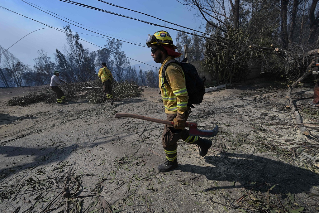 Firefighters work in the zone affected by a fire at the hills in Vina del Mar, Chile on February 3, 2024. /CFP