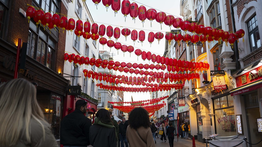 Streets are decorated with Chinese lanterns as part of Chinese New Year celebrations at the Chinatown in London, United Kingdom, January 26, 2024. /CFP