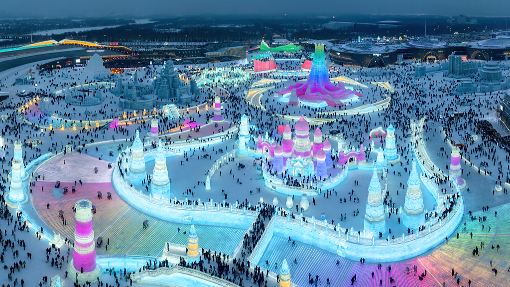 An aerial view of Harbin Ice and Snow World in Harbin, northeast China's Heilongjiang Province, January 13, 2024. /CFP