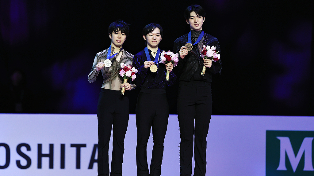 L-R: Shun Sato, Yuma Kagiyama and Cha Jun-hwan celebrate during the award ceremony after the men's free skate at the ISU Four Continents Figure Skating Championships in Shanghai, China, February 3, 2024. /CFP