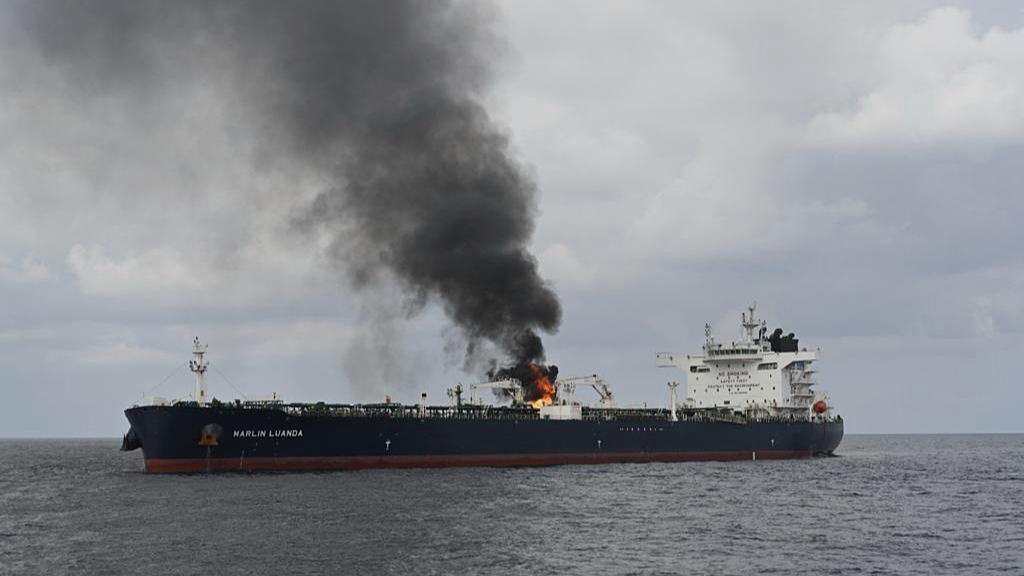 A view of the oil tanker Marlin Luanda on fire after an attack in the Red sea, January 27, 2024. /CFP 