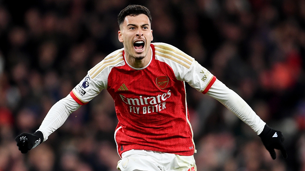 Gabriel Martinelli of Arsenal celebrates scoring his team's second goal during their Premier League clash with Liverpool at the Emirates Stadium in London, England, February 4, 2024. /CFP