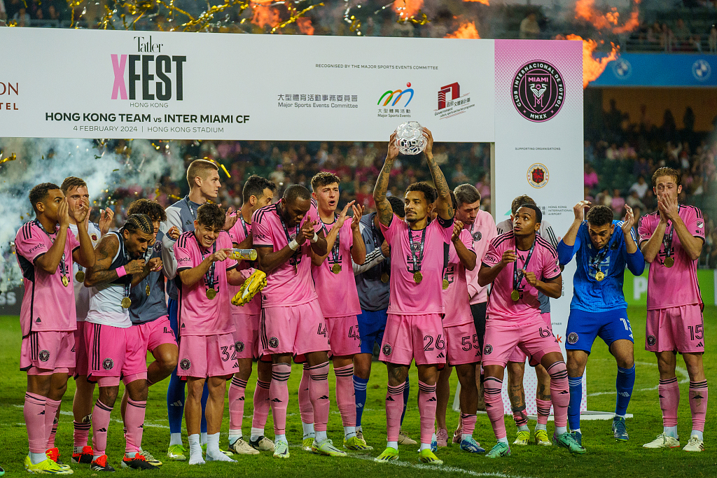 Players of the Inter Miami celebrate their victory after a 4-1 win over the Hong Kong Team in their friendly match in Hong Kong Special Administrative Region, China, February 4, 2024. /CFP 
