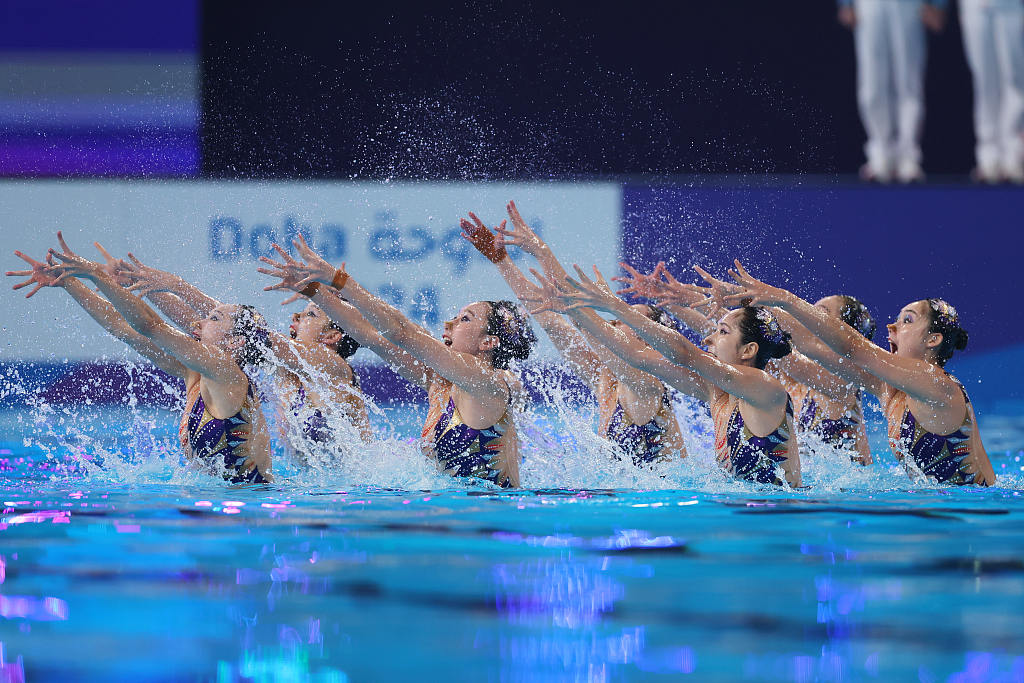 Artistic swimmers of Team China compete in the team acrobatic final during the 2024 World Aquatics Championships in Doha, Qatar, February 4, 2024. /CFP