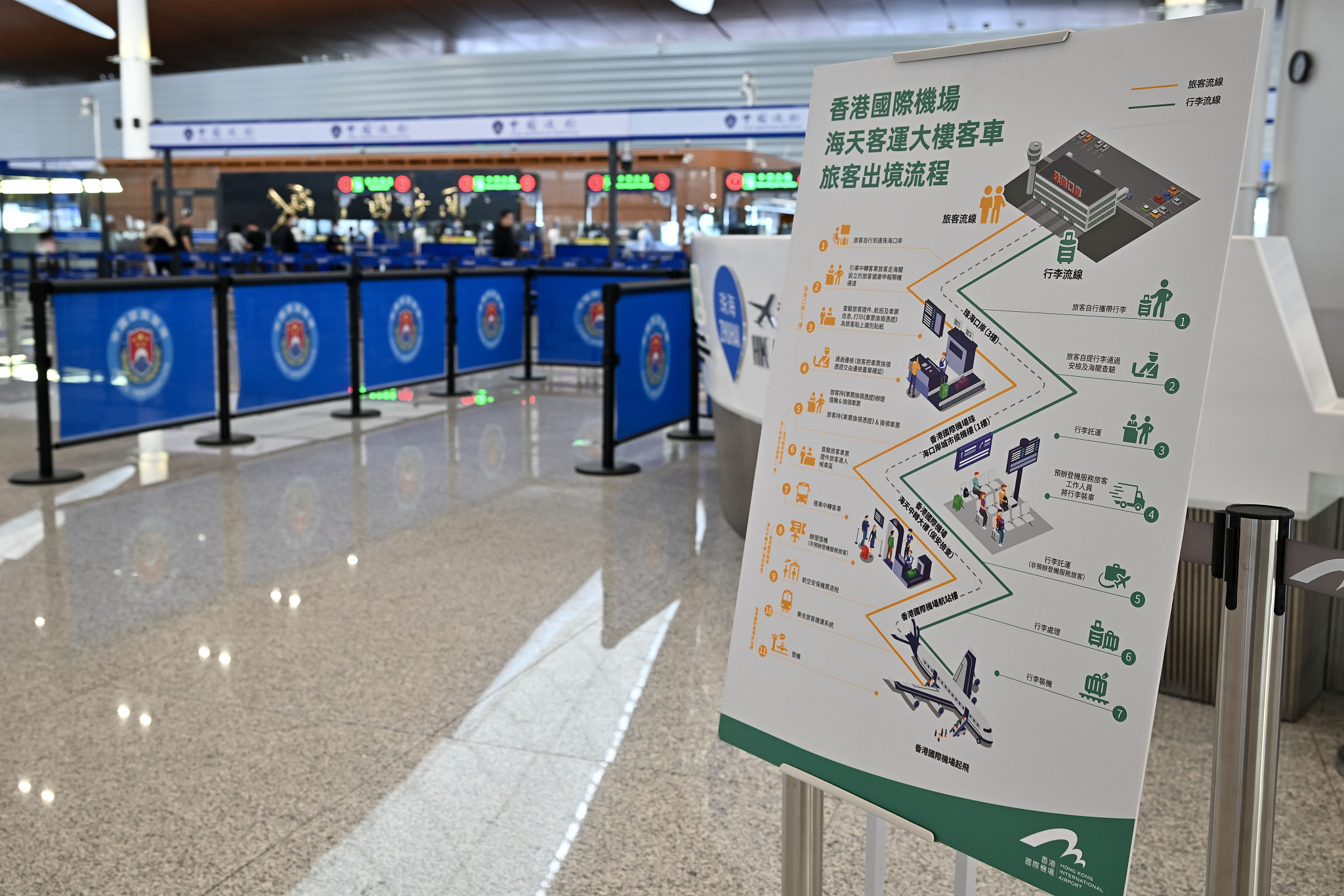 A guide map outlining the departure process at Hong Kong International Airport is seen at the Zhuhai Highway Port of the Hong Kong-Zhuhai-Macao Bridge, Zhuhai, south China's Guangdong Province, December 11, 2023. /CFP