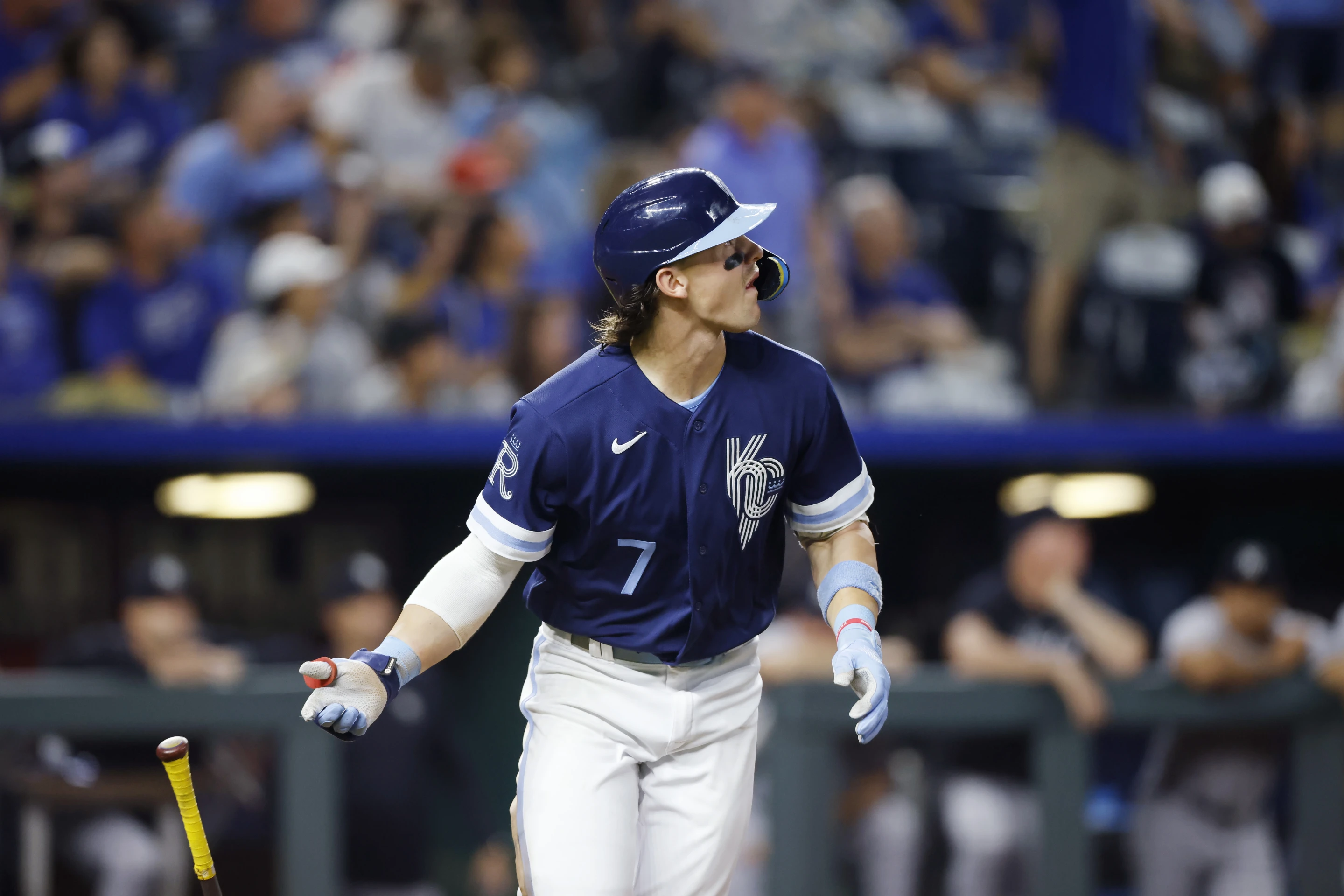 Bobby Witt Jr. of the Kansas City Royals hits a two-run homer during the seventh inning in the game against the New York Yankees at Kauffman Stadium in Kansas City, Missouri, September 29, 2023. /CFP