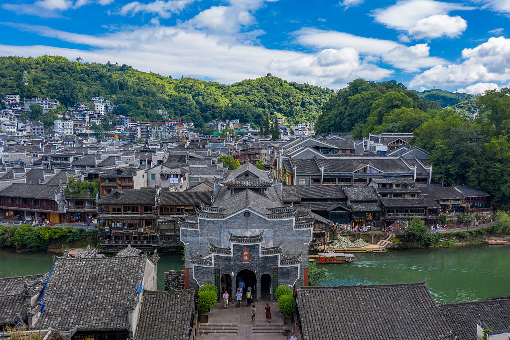 An aerial view of Fenghuang ancient town. /CFP