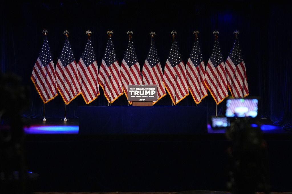 The stage is set before Republican presidential candidate Donald Trump speaks at a caucus night rally in Las Vegas, Nevada, the U.S., February 8, 2024. /CFP