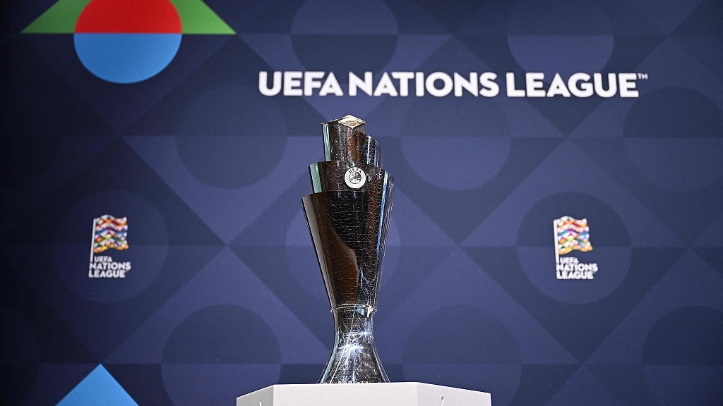 The UEFA Nations League trophy is displayed prior to the start of the 2024 UEFA Nations League football finals draw in Paris, France, February 8, 2024. /CFP