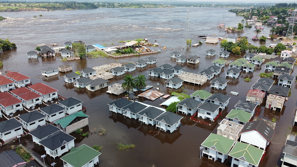 An aerial view of a flooded residential area after heavy rains resulted in a rise in the water levels of the Congo River and inundated numerous structures in the Mbudi region, Kinshasa, Democratic Republic of the Congo on January 15, 2024. /CFP