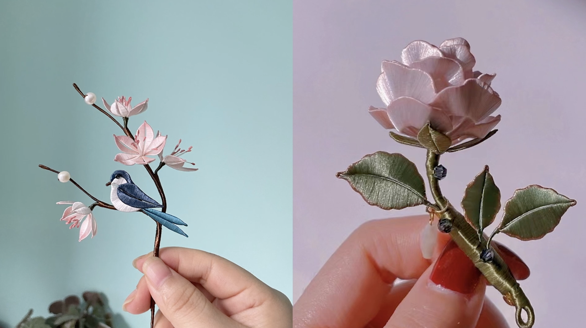 A silk-wrapped flower and bird made by Xu Lei / Xu Lei