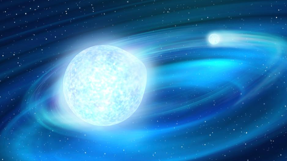 An image depicted by artist Yu Jingchuan from the Beijing Planetarium in December 2023 shows the TMTS J0526 binary star system. The left larger star in the image represents the hot subdwarf star, and the right smaller one represents the white dwarf star. /Xinhua 