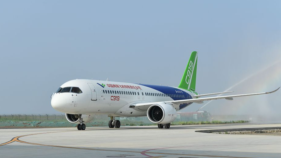 A view of China's self-developed passenger jet C919, Dongying City, east China's Shandong Province. /CFP