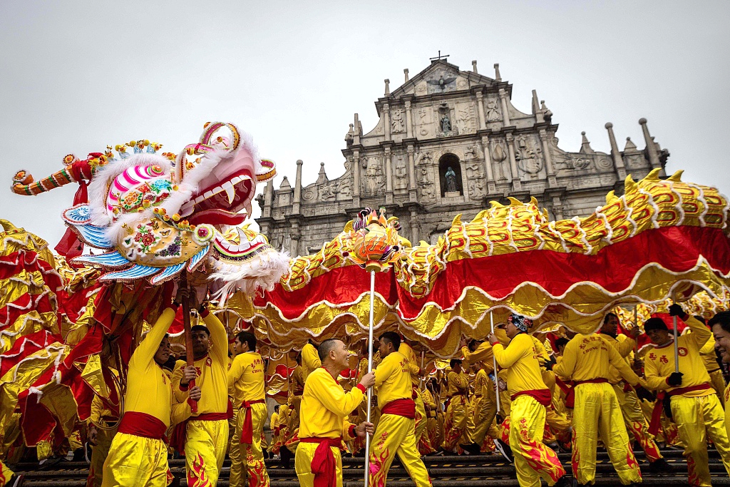 A community roadshow is held at the Ruins of St. Paul's in Macao on February 10, 2024, the first day of the Chinese New Year. /CFP