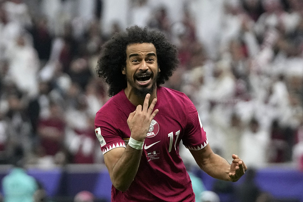 Qatar's Akram Afif celebrates after scoring his third goal during the Asian Cup final at the Lusail Stadium in Doha, Qatar, February 10, 2024. /CFP
