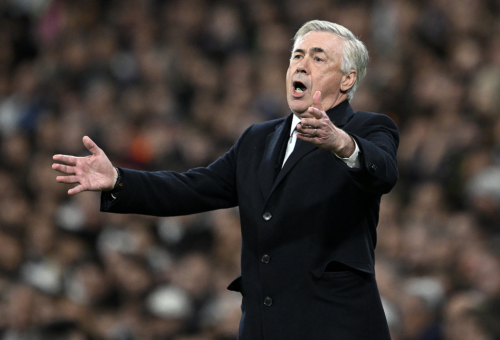 Carlo Ancelotti, manager of Real Madrid, gestures during the La Liga game against Girona at the Santiago Bernabeu Stadium in Madrid, Spain, February 10, 2024. /CFP